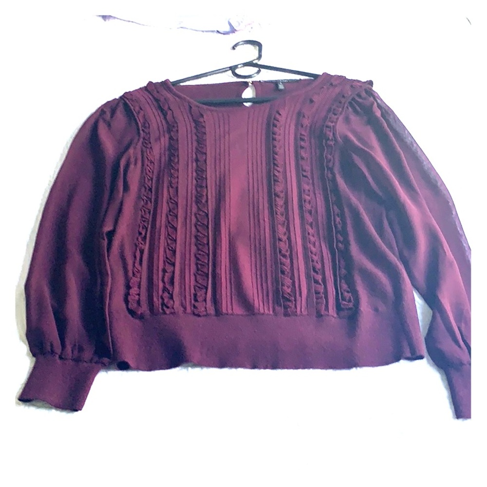 WHBM Burgundy sweater with sheer sleeves.